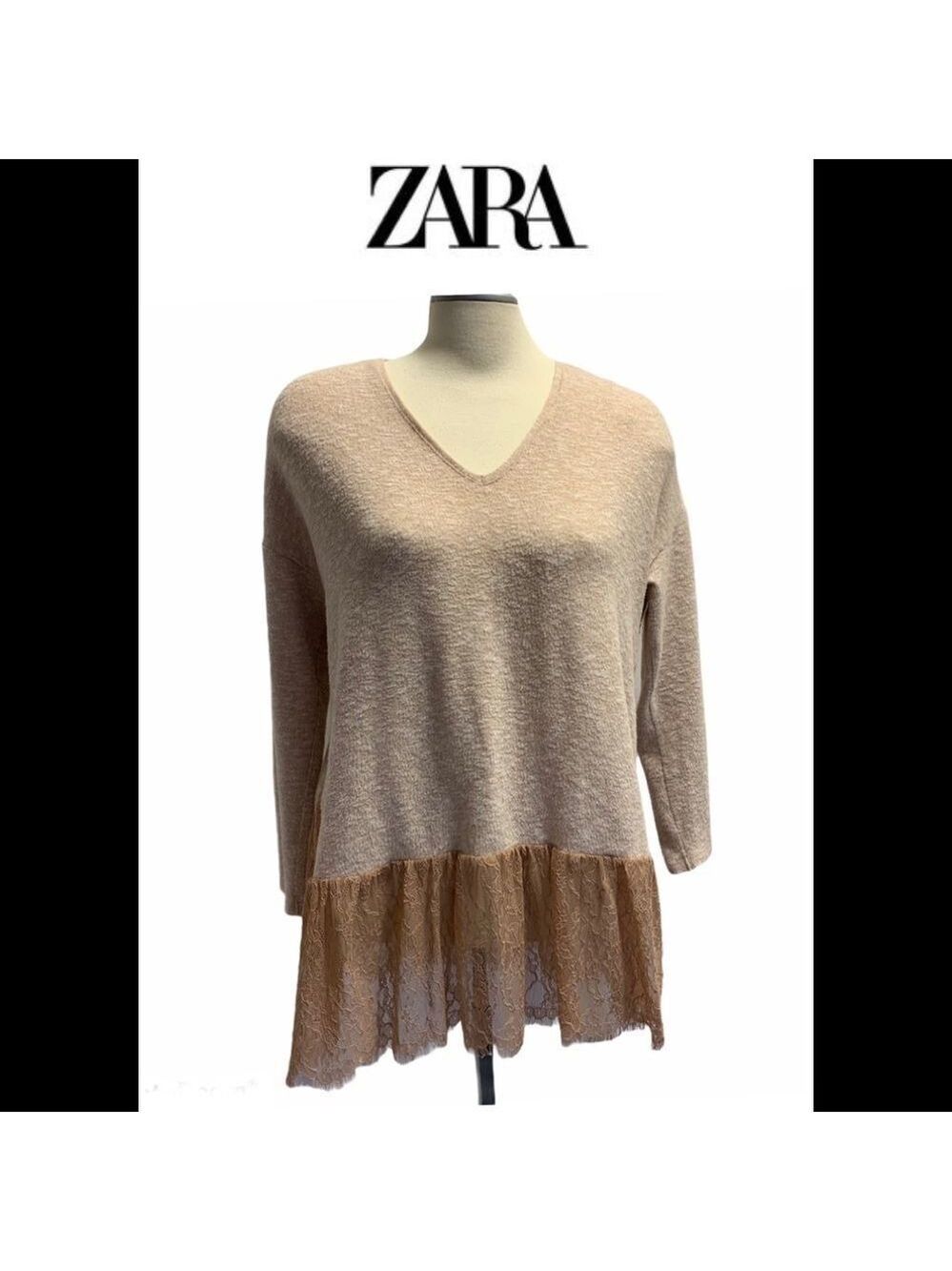 ZARA dusty rose peach V-neck long sleeve sweater lace trim Sz M